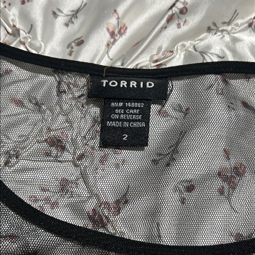 Torrid Black Sheer Mesh Top with Pink Floral Embroidery - Picture 2 of 3